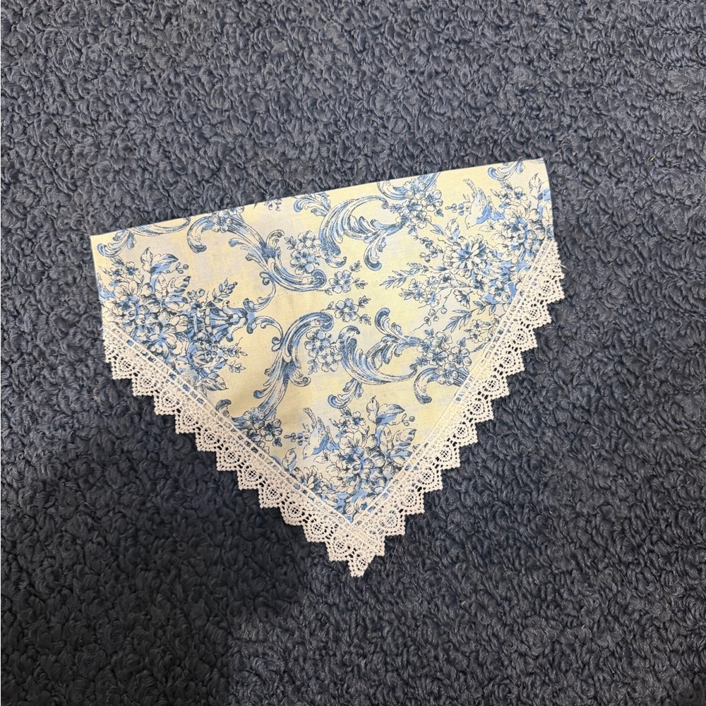 Elegant Blue and Cream Lace Trimmed Dog Bandana